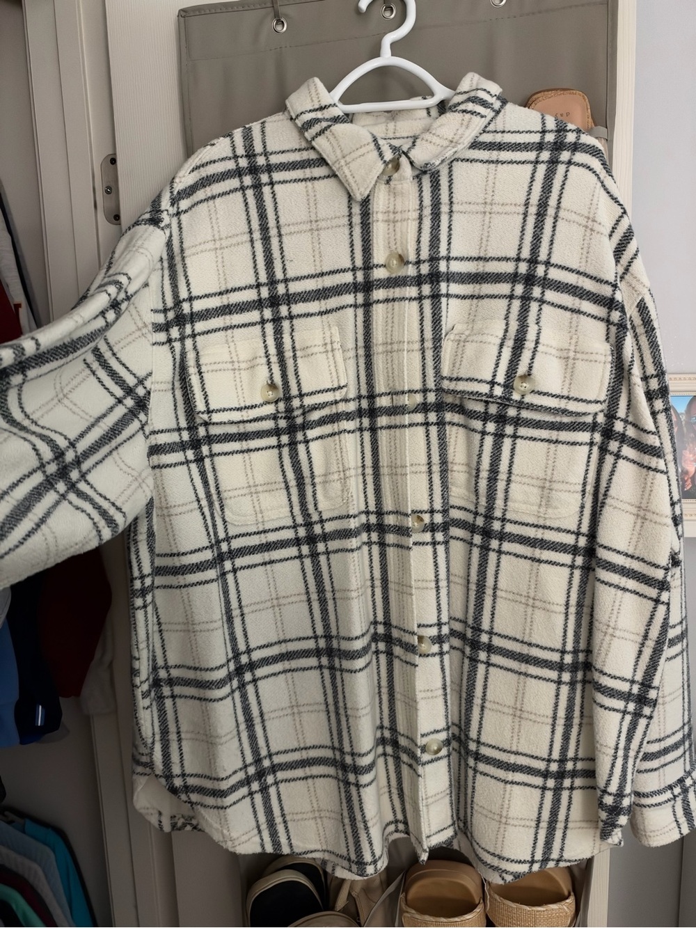 Cream Plaid Button-Up Shacket